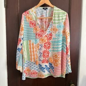 TOLANI | 100% Silk Colorful Patchwork Print Flowy Bell Sleeve Split neck Blouse